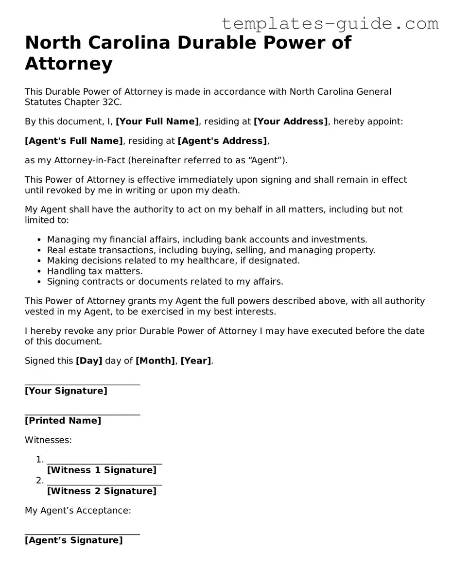 Free  Durable Power of Attorney Form for North Carolina