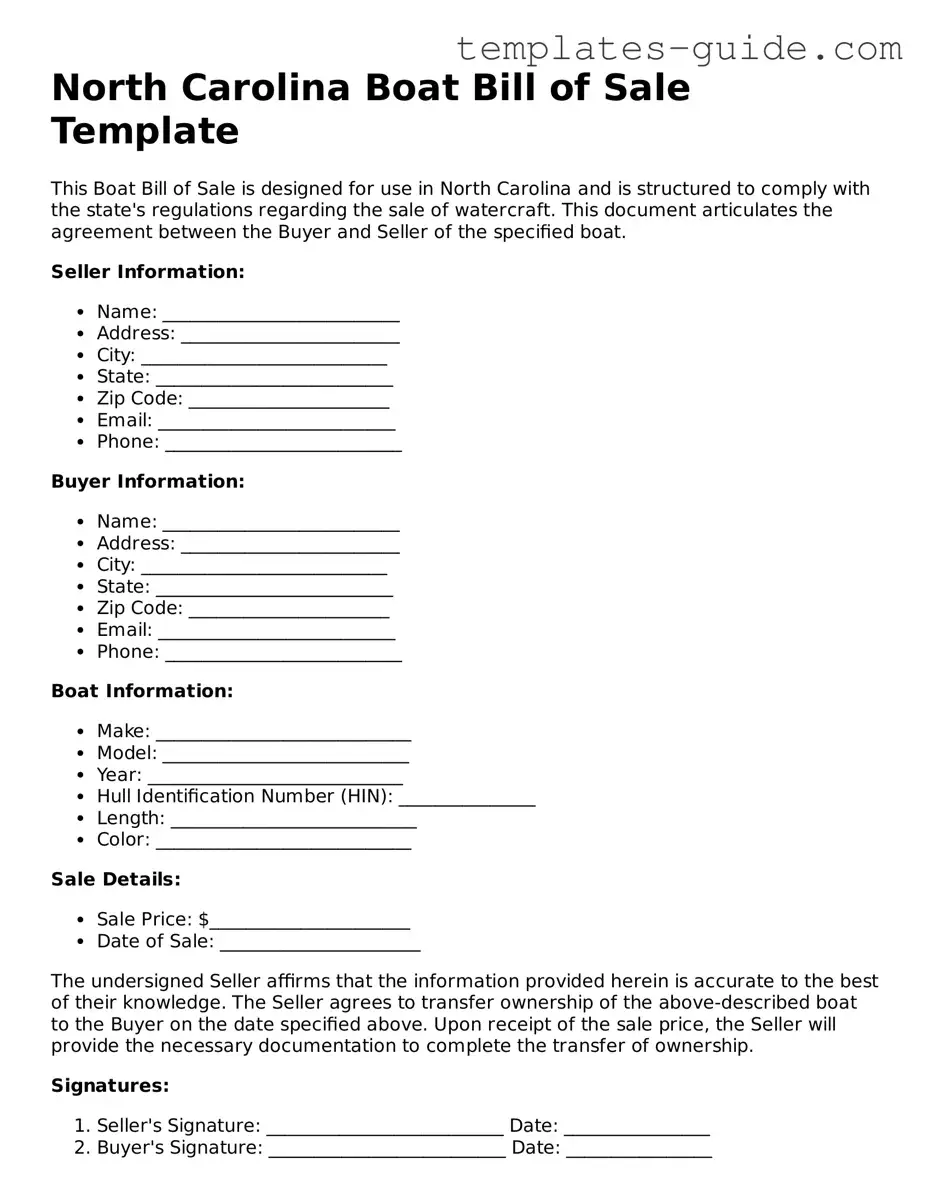 Free  Boat Bill of Sale Form for North Carolina