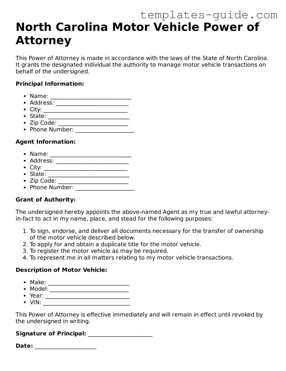 Free  Motor Vehicle Power of Attorney Form for North Carolina