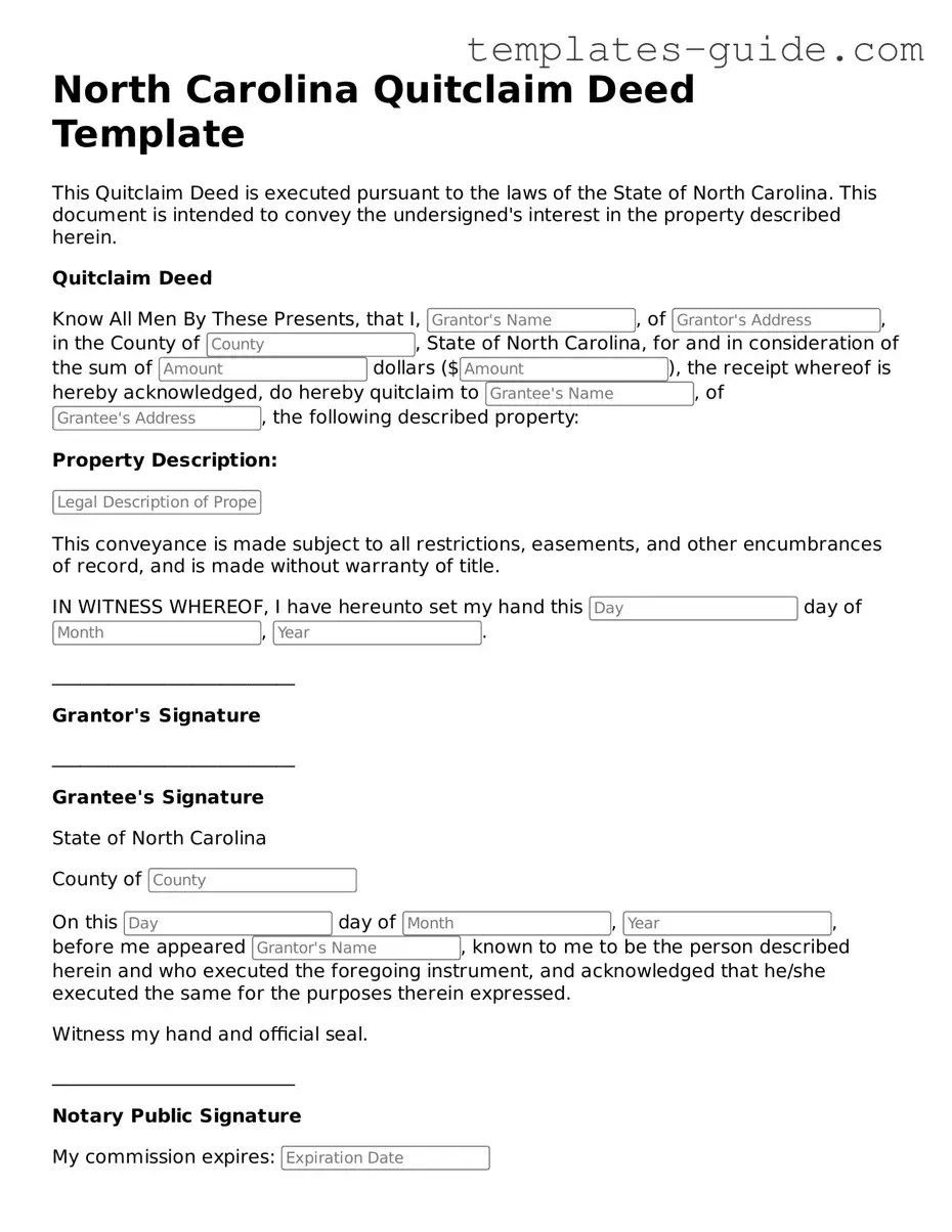 Free  Quitclaim Deed Form for North Carolina