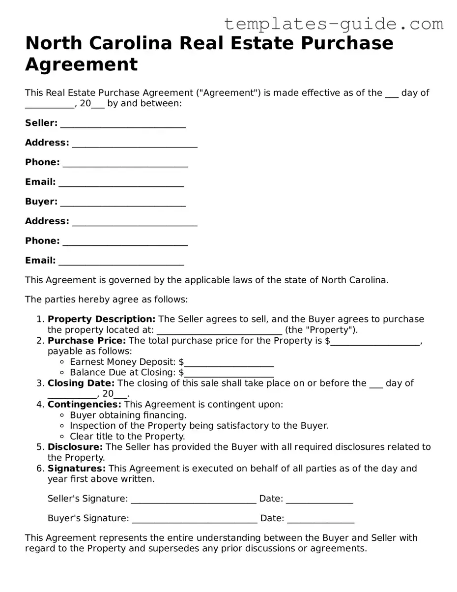 Free  Real Estate Purchase Agreement Form for North Carolina