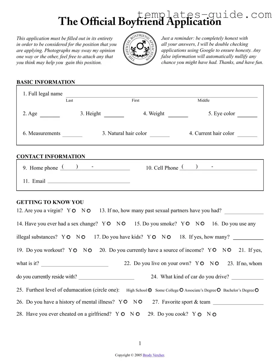 Fill Out a Valid Boyfriend application form Template