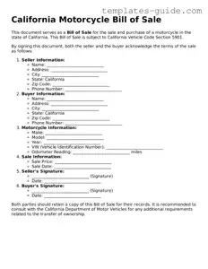 Free  Motorcycle Bill of Sale Form for California