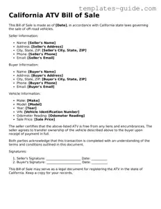 Free  ATV Bill of Sale Form for California