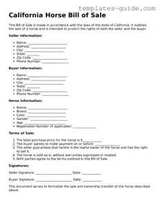 Free  Horse Bill of Sale Form for California