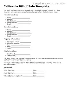 Free  Bill of Sale Form for California