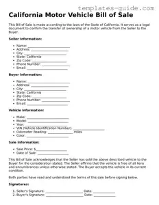 Free  Motor Vehicle Bill of Sale Form for California