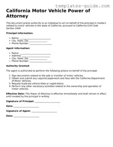 Free  Motor Vehicle Power of Attorney Form for California