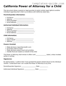 Free  Power of Attorney for a Child Form for California