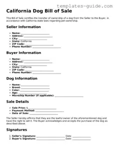 Free  Dog Bill of Sale Form for California