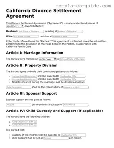 Free  Divorce Settlement Agreement Form for California