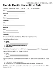 Free  Mobile Home Bill of Sale Form for Florida