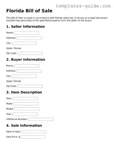 Free  Bill of Sale Form for Florida