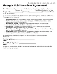 Free  Hold Harmless Agreement Form for Georgia