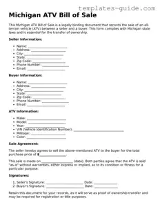 Free  ATV Bill of Sale Form for Michigan