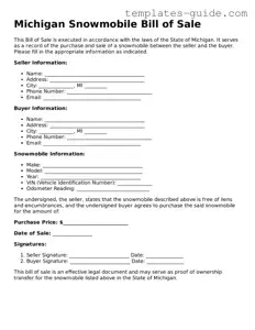 Free  Snowmobile Bill of Sale Form for Michigan