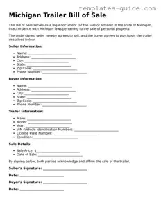 Free  Trailer Bill of Sale Form for Michigan