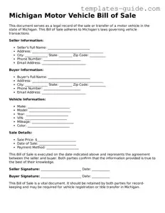 Free  Motor Vehicle Bill of Sale Form for Michigan