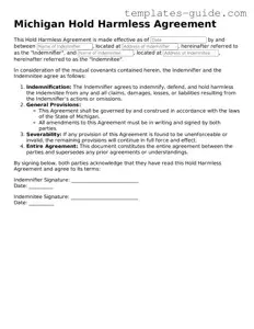Free  Hold Harmless Agreement Form for Michigan
