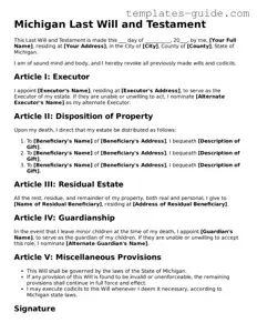 Free  Last Will and Testament Form for Michigan