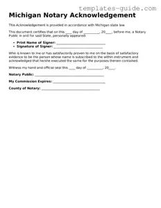 Free  Notary Acknowledgement Form for Michigan