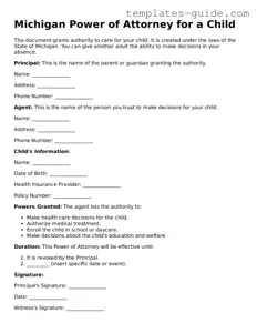 Free  Power of Attorney for a Child Form for Michigan