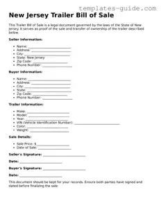 Free  Trailer Bill of Sale Form for New Jersey