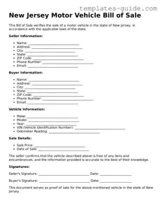 Free  Motor Vehicle Bill of Sale Form for New Jersey