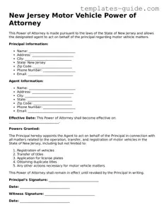 Free  Motor Vehicle Power of Attorney Form for New Jersey