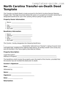 Free  Transfer-on-Death Deed Form for North Carolina