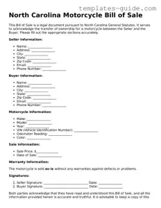 Free  Motorcycle Bill of Sale Form for North Carolina