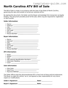 Free  ATV Bill of Sale Form for North Carolina