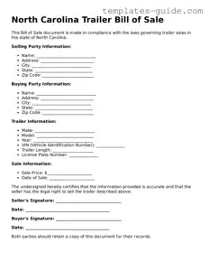 Free  Trailer Bill of Sale Form for North Carolina