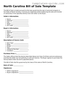 Free  Bill of Sale Form for North Carolina