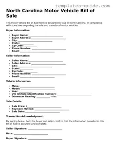 Free  Motor Vehicle Bill of Sale Form for North Carolina