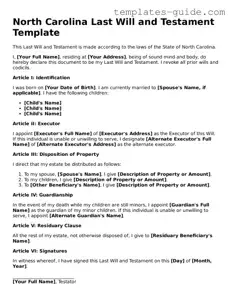 Free  Last Will and Testament Form for North Carolina