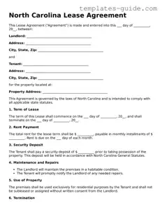 Free  Lease Agreement Form for North Carolina