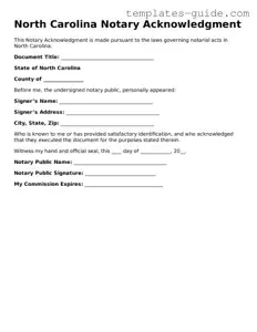 Free  Notary Acknowledgement Form for North Carolina