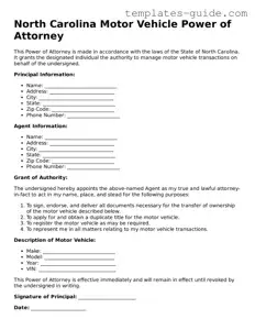 Free  Motor Vehicle Power of Attorney Form for North Carolina