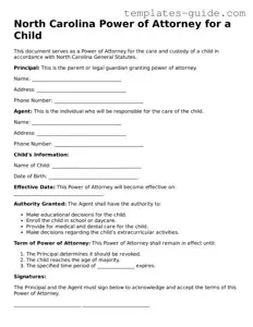 Free  Power of Attorney for a Child Form for North Carolina