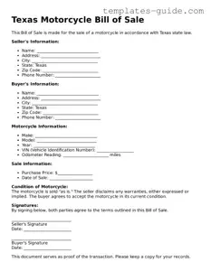 Free  Motorcycle Bill of Sale Form for Texas