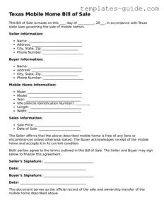 Free  Mobile Home Bill of Sale Form for Texas