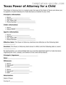 Free  Power of Attorney for a Child Form for Texas
