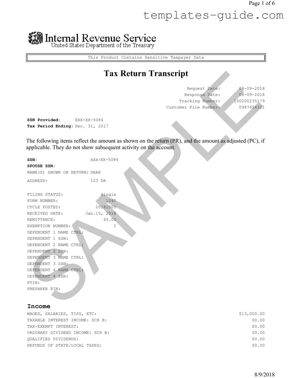 Fill Out a Valid Sample Tax Return Transcript Template