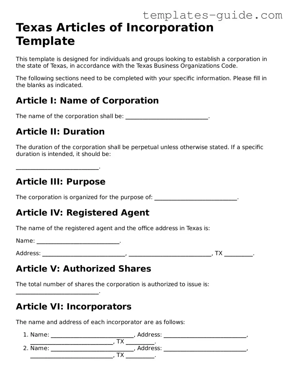 Free  Articles of Incorporation Form for Texas
