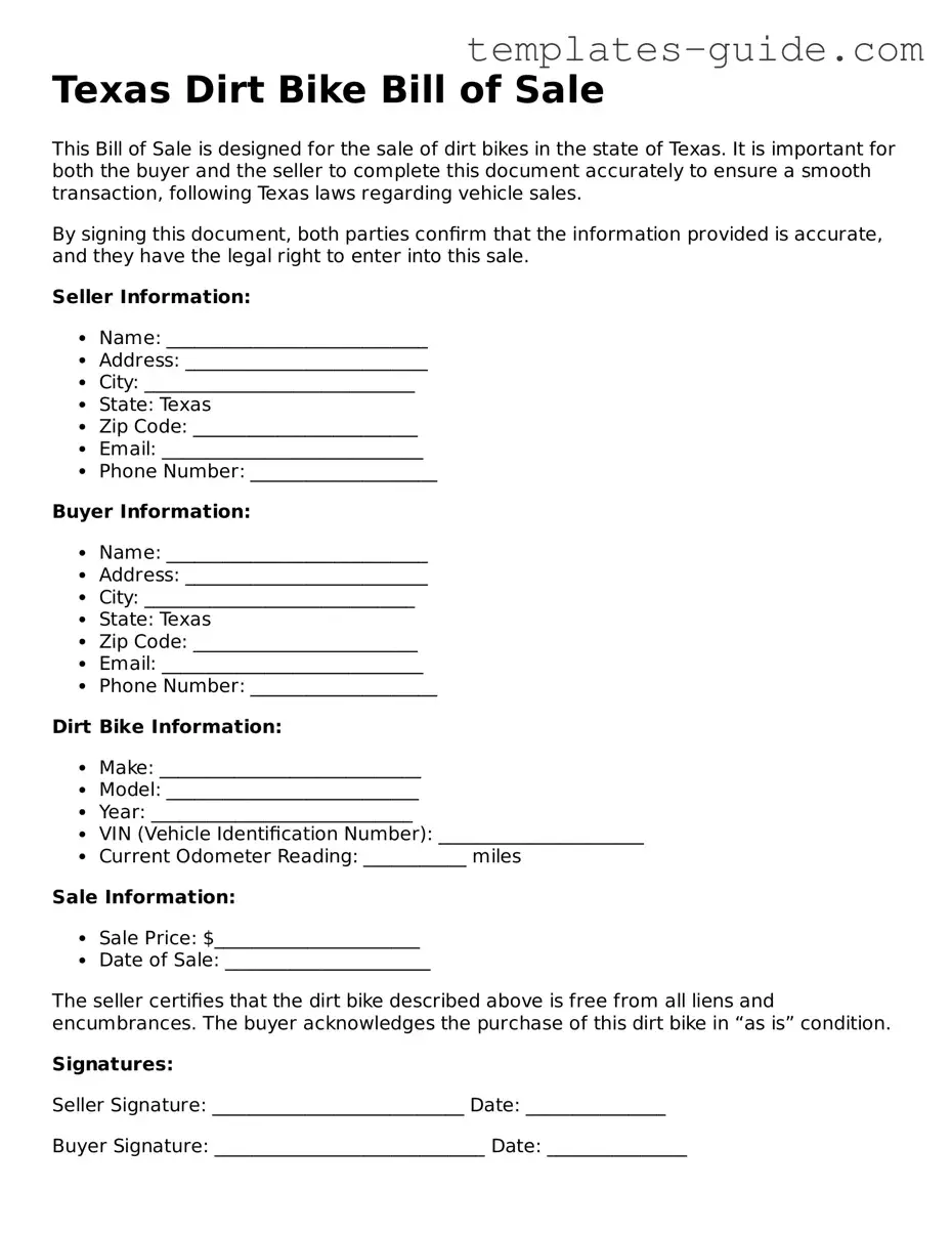 Free  Dirt Bike Bill of Sale Form for Texas