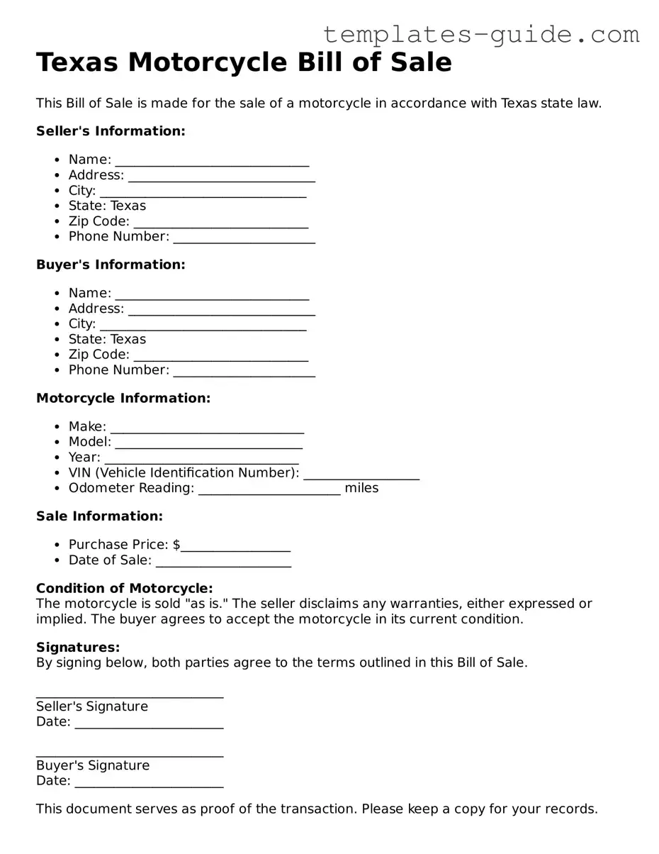 Free  Motorcycle Bill of Sale Form for Texas