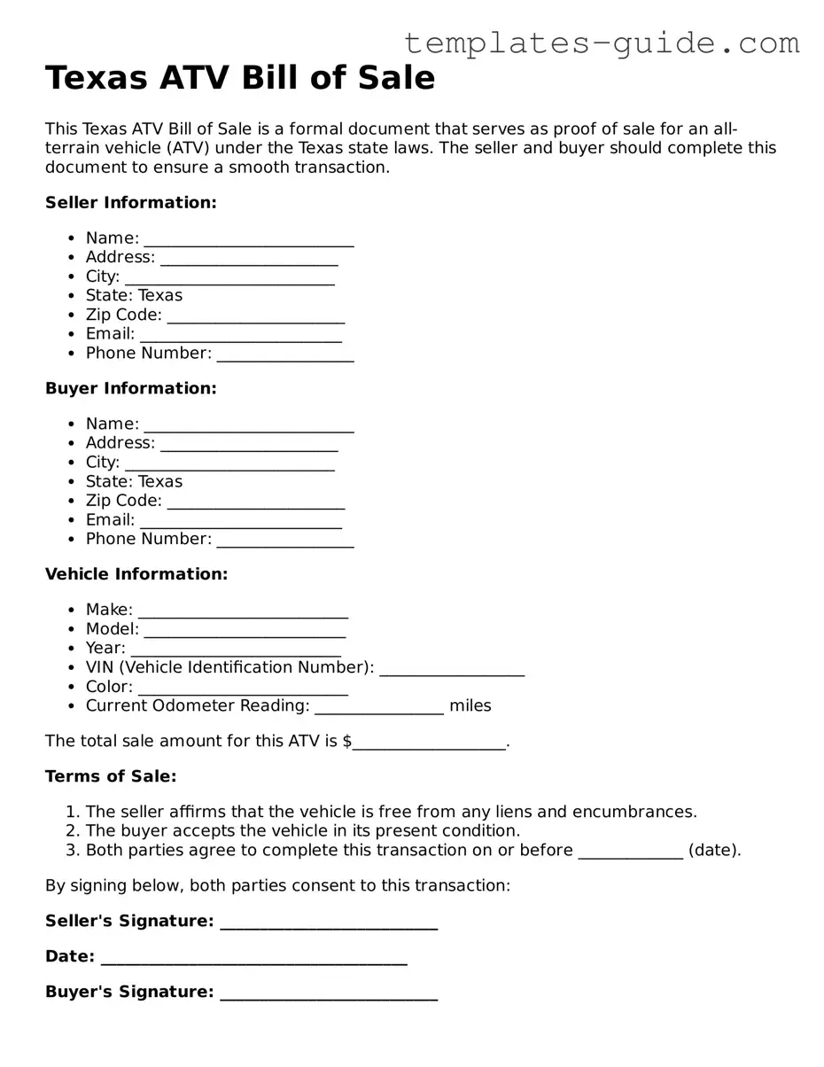 Free  ATV Bill of Sale Form for Texas