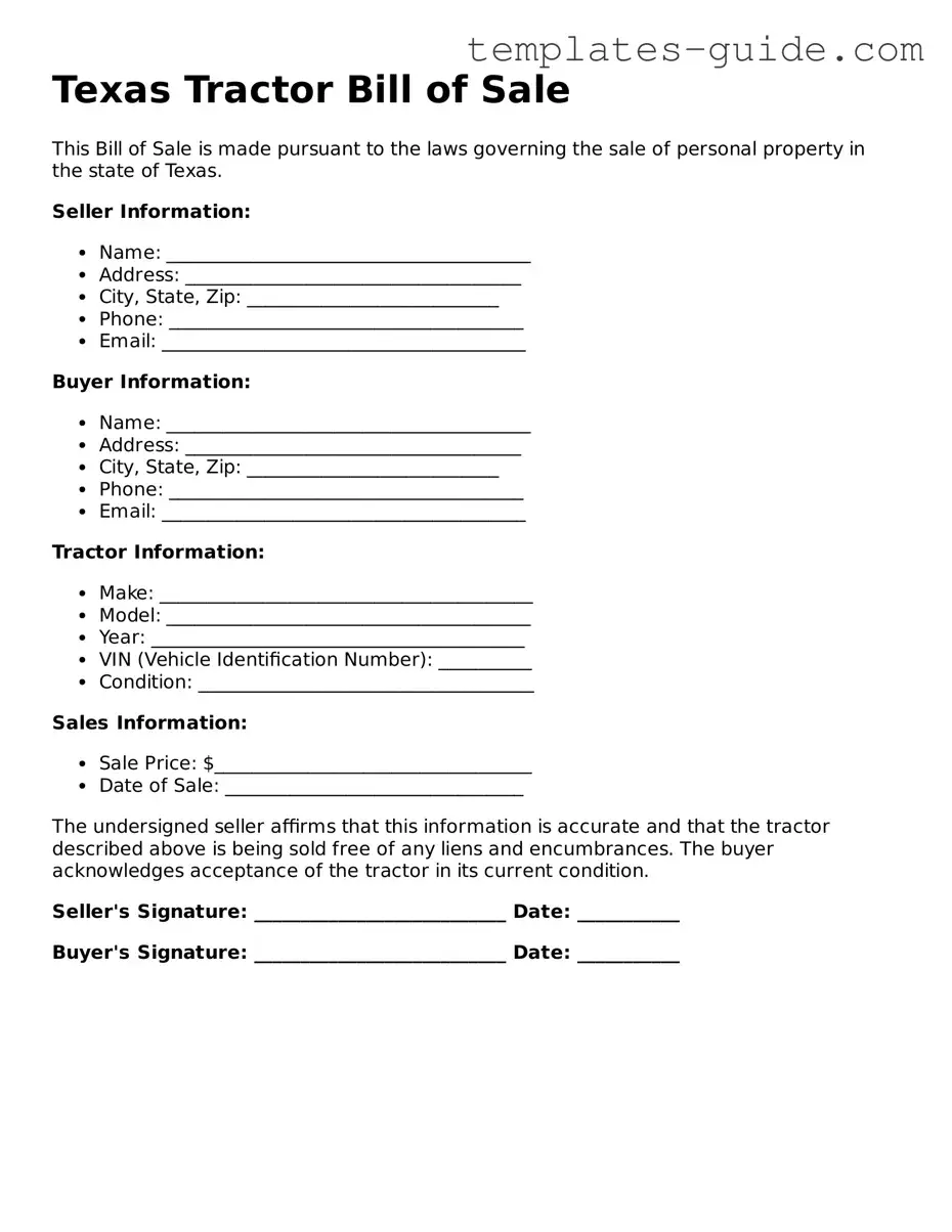 Free  Tractor Bill of Sale Form for Texas