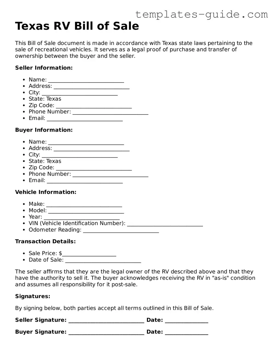 Free  RV Bill of Sale Form for Texas